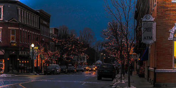 Woodstock, VT at night in February